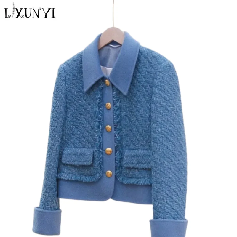 LXUNYI Autumn and Winter New Fashion Ladies Woolen Oversize Gold Button Turn-down Collar Tassel Design Short Tweed Jacket Blue