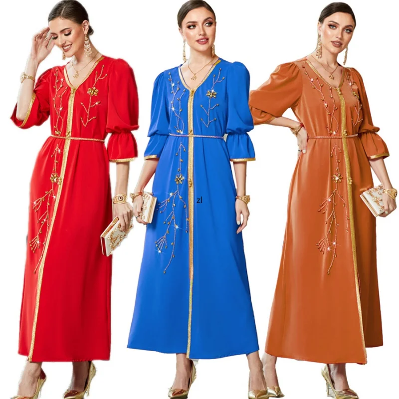 Floral Rhinestone Lace Tape Belted Satin Dresses Flare Sleeve Kaftan Abaya Muslim Women's Long Dress Jalabiyat Ramadan 2023