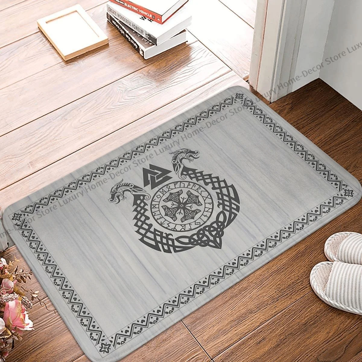 

Bath Non-Slip Carpet Viking Symbol Norse Runes Dragon Boat Flannel Mat Welcome Doormat Floor Decor Rug