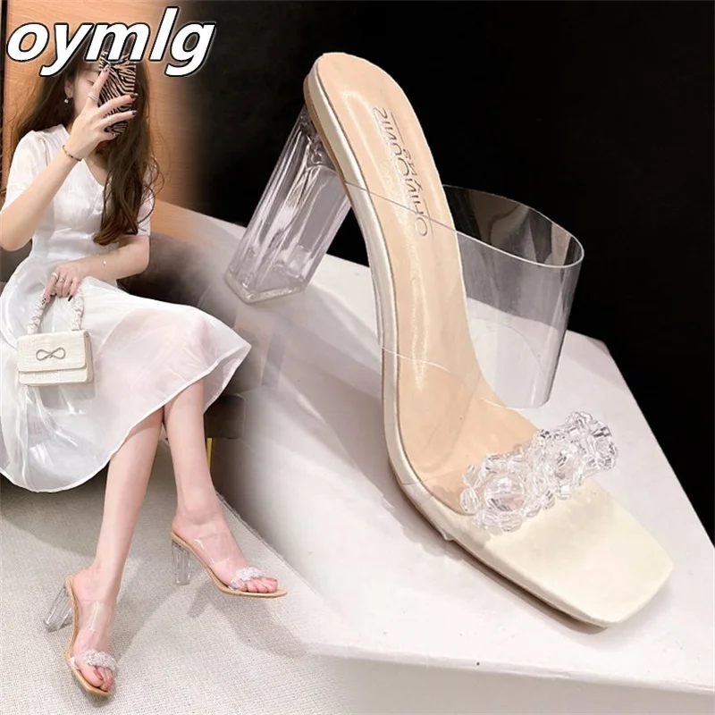 

Transparent sandals and slippers summer 2022 new one-word crystal fashion high-heeled thick-heeled sandals women's large size