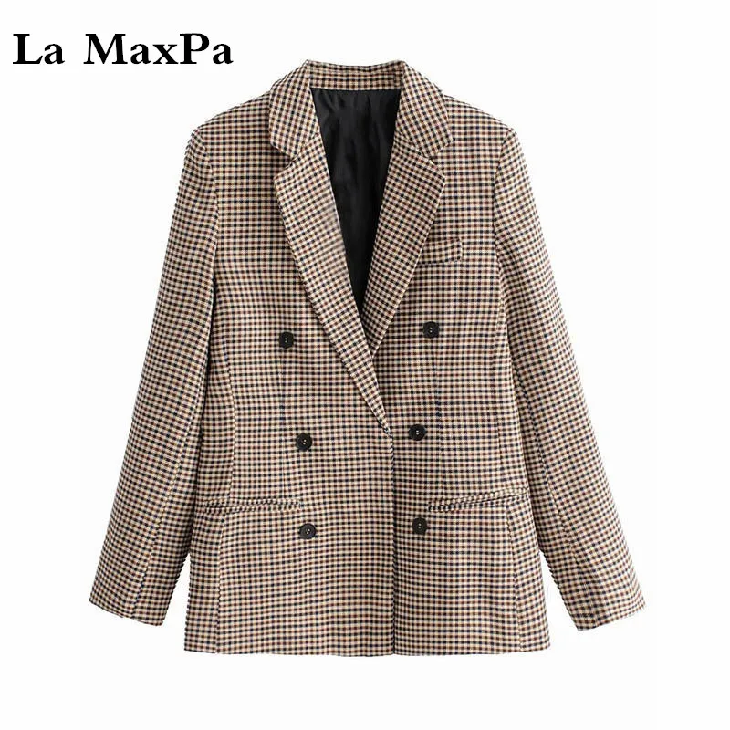 

Модный женский костюм, пальто, шикарный клетчатый пиджак с длинным рукавом и двойными карманами, элегантный офисный Женский блейзер, винтаж...