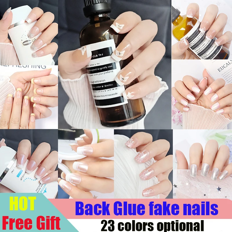 

24pcs/set French fake nails press on faux ongles capsule tips long Square shape with designs DIY manicure false acrylic nail kit