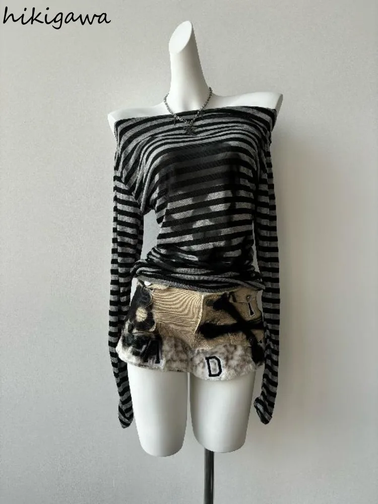 Женская футболка с вырезом лодочкой Повседневная в полоску черепом стиле