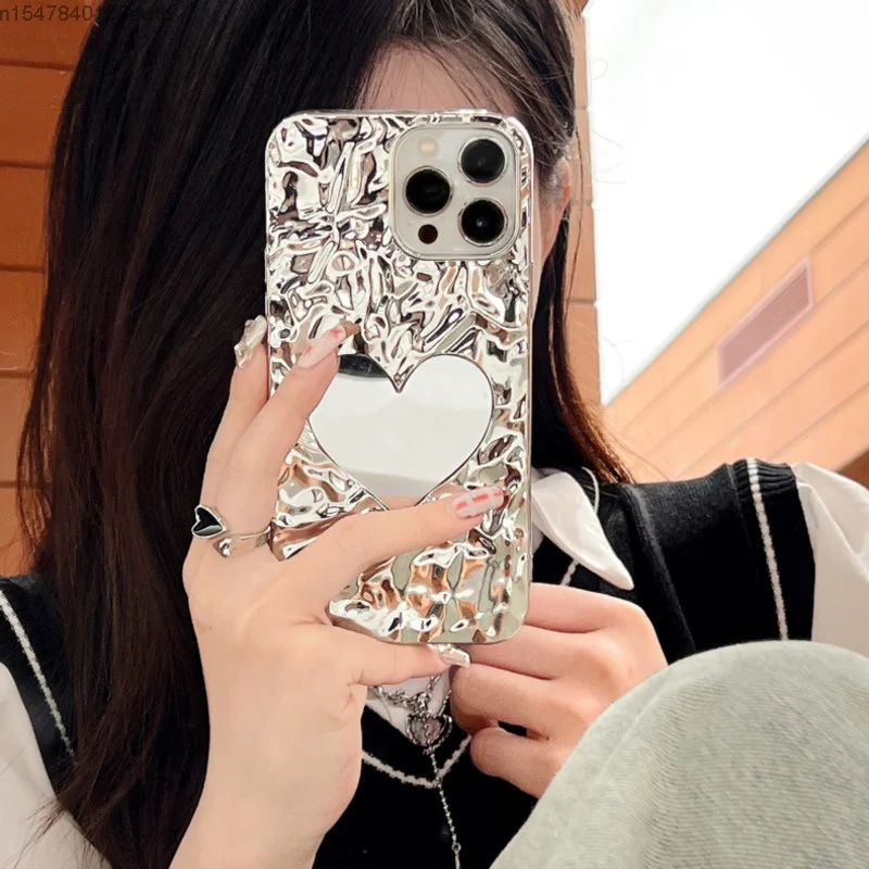 

New Water Wave Electroplated Love-shaped Mirror TPU Material Phone Case For iPhone 14 13 11 12 Promax Trendy Protective Case