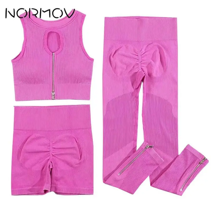 

NORMOV 1/2/3 шт. ребристый Спортивный комплект для женщин бесшовный комплект для йоги Твердый комплект для тренировок вырезанный спортивный наряд для тренажерного зала женские брюки пуш-ап