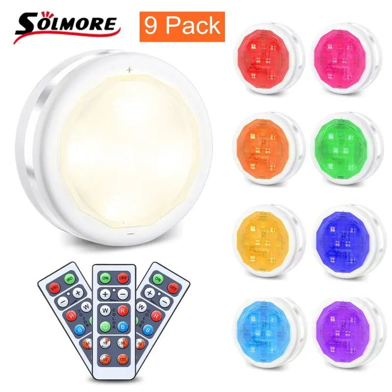 

SOLMORE 9pcs RGBW 16 Colors LED Under Cabinet Light Puck Lamp Dimmable Shelf Kitchen Bedroom With Remote Control Night Light