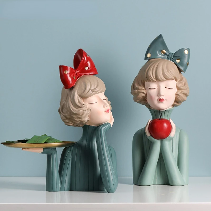 

Stylish Bowknot Girl Sculpture Resin Figurines Creative Bust Woman Statues TV & Wine Cabinet Decorations Figures