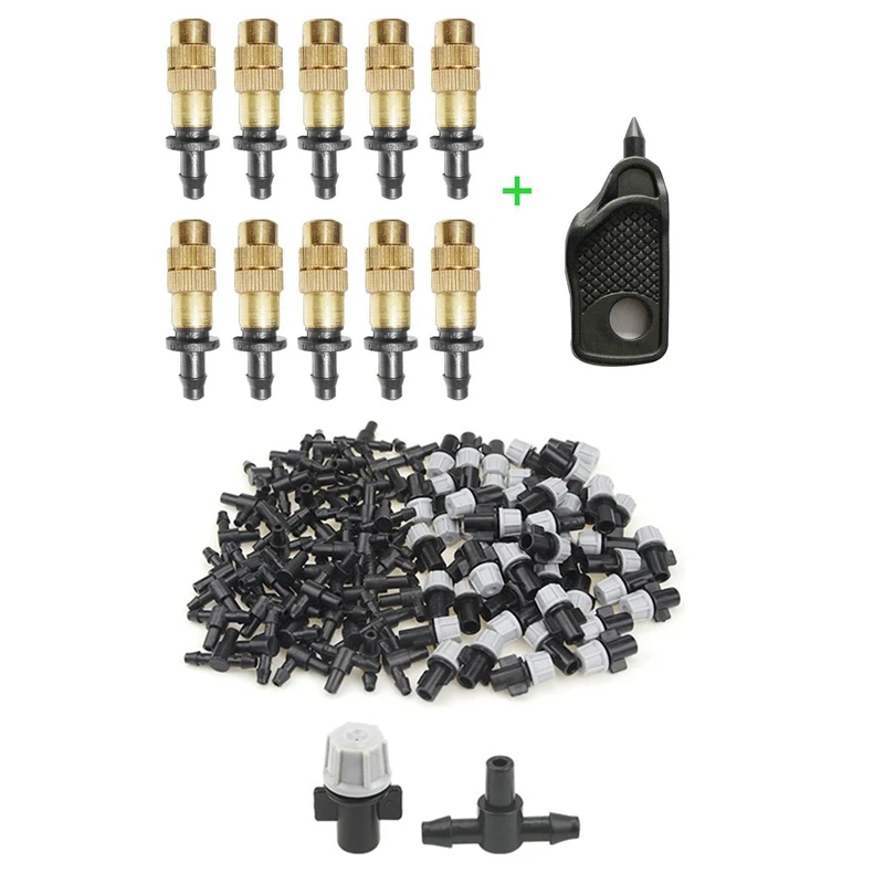 

10X Adjustable Copper Spray Nozzle Garden Patio & 100Pcs Adjustable Atomization Dripper Atomization Connection Tee Joint