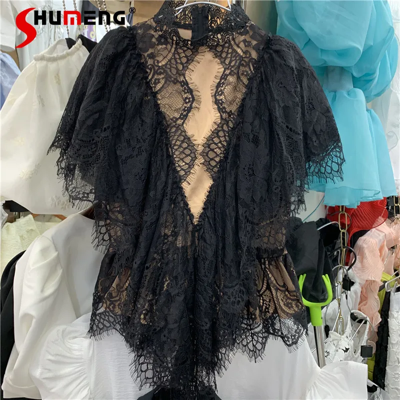 

2022 Summer New Woman Irregular Exquisite Black Lace Shirt Sexy Patchwork Bottoming Shirts Elegant Pullover Flying Sleeve Top