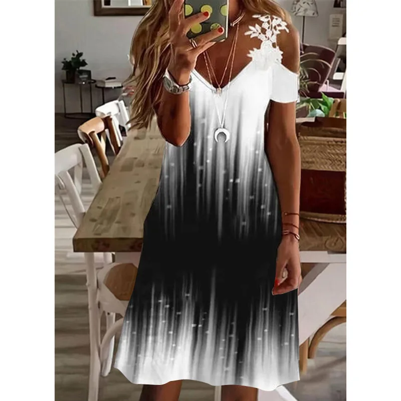 

Bohemian Printed Lace Summer Dress for Women Casual Short Sleeve Off The Shoulder V Neck Party Dresses Beach Sundress Vestidos