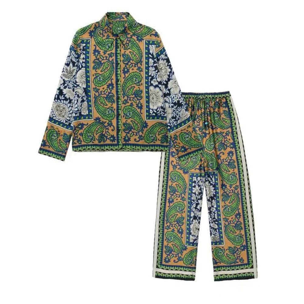 

Women's 2022 Chic Fashion New Printed Drape Shirt Casual Button Down Retro Long Sleeve Lapel Blouse + Elastic Waist Trousers Set