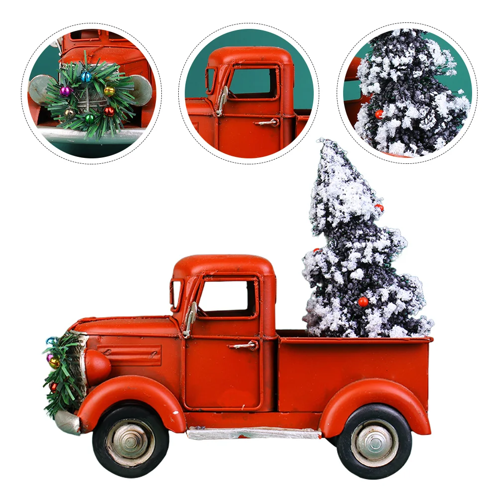 

Truck Red Vintage Christmas Decor Pickup Ornament Metal Car Figurines Decoration Mini Treeironwith Classic Farmhouse Statue