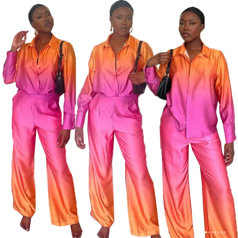 

Женский Повседневный костюм из двух предметов, Элегантная атласная Свободная рубашка с длинным рукавом и прямые брюки с градиентом, весна ...