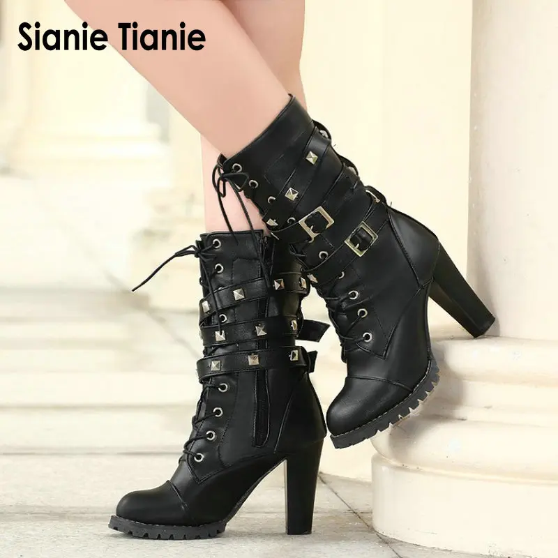 Женские нескользящие ботинки QPLYXCO зимние до середины икры со шнуровкой и