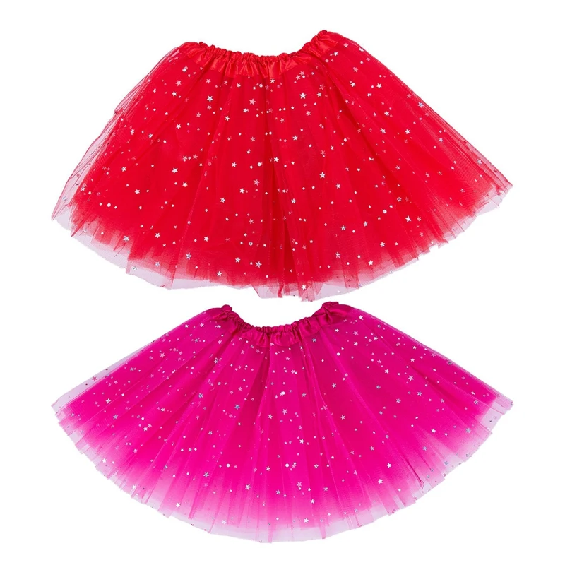 

2X Smart Baby Girl Clothes Stars Sequins Mini Dress Ballet Dance Fluffy Tutu Skirt Red & Rose Red