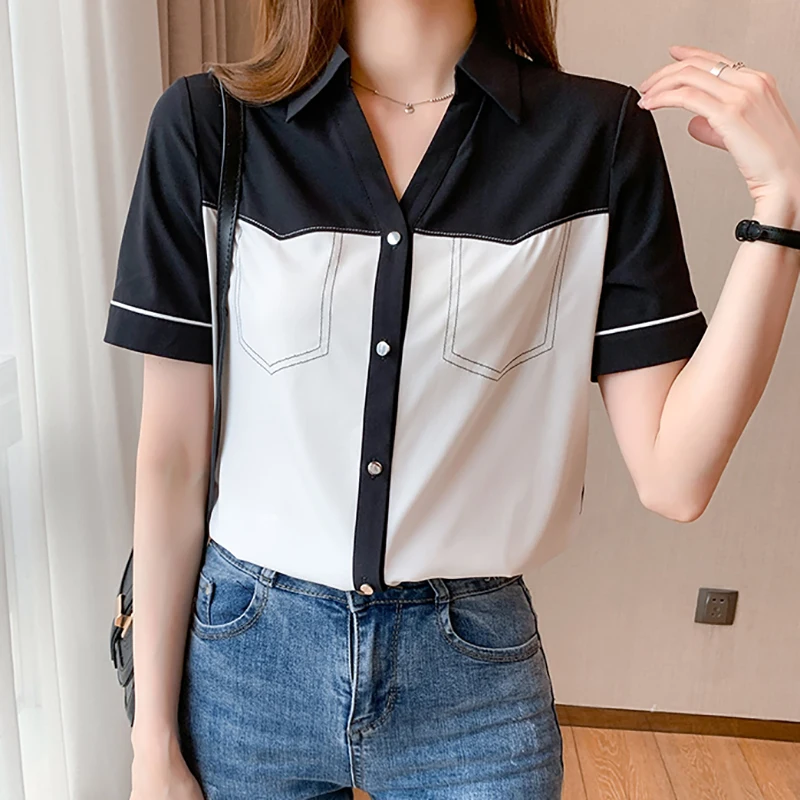 

Contrast Color Patchwork Slim Shirts Casual Chiffon Women Blouse Summer Tops 2022 Button Woman Clothes Chemisier Femme