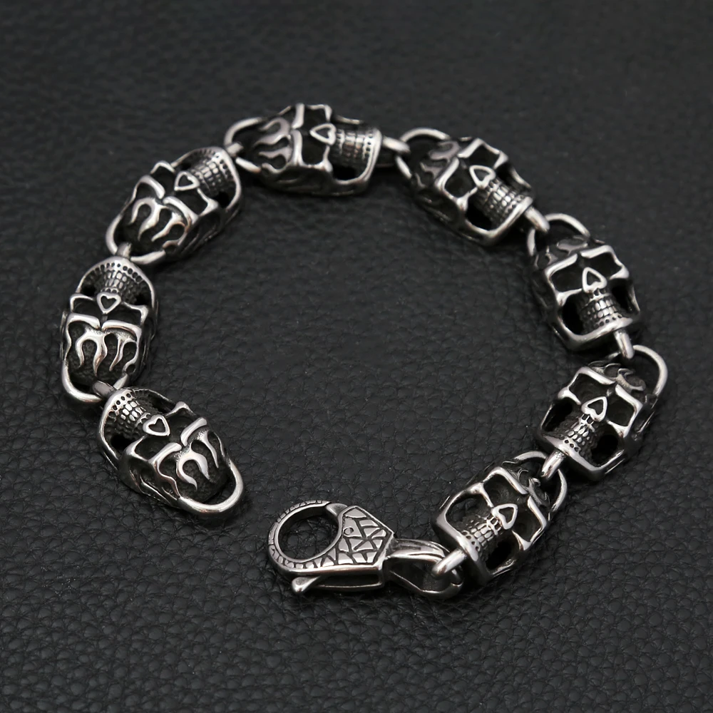 

Punk Vintage Stainless Steel Domineering Skull Bracelet For Men Gothic Hip Hop Cool Skeleton Bracelets Charm Jewelry Wholesale