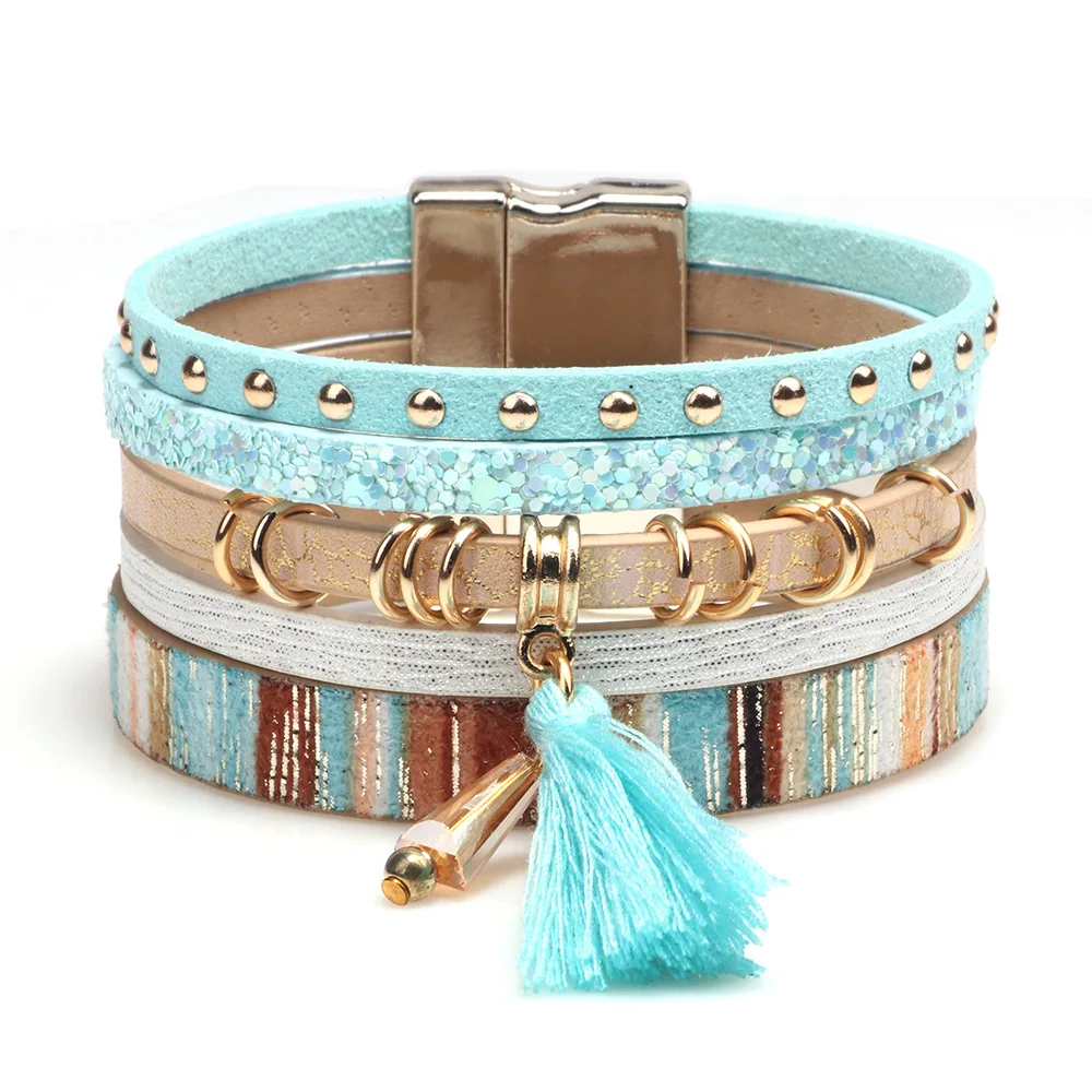 

Kirykle Tassel Pendant Bracelet Multilayer Bracelets for Women Rope Metal Charm Bohemian Leather Bracelet Female Wide Bracelets