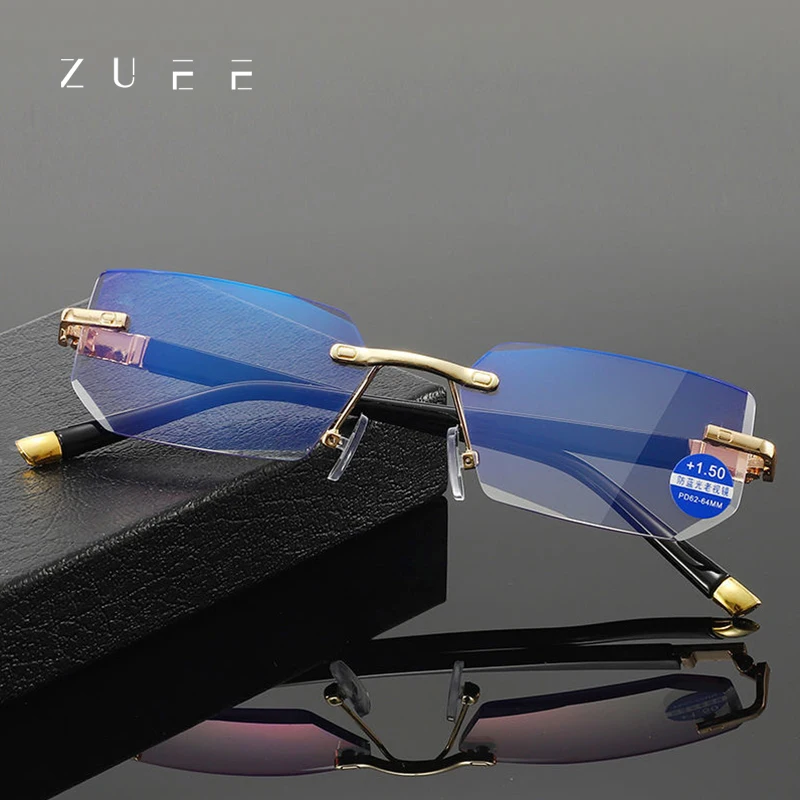 

ZUEE Ultralight Rimless Reading Glasses Women Men Business Anti-Blu-Ray Computer Reading Glasses Presbyopia Reader 1.5 women