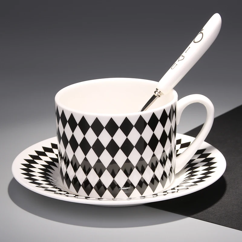 

Nordic Bone China Coffee Cup And Dish Set Black White Geometric Simple Office European Ceramics Mug With Spoon Afternoon Tea