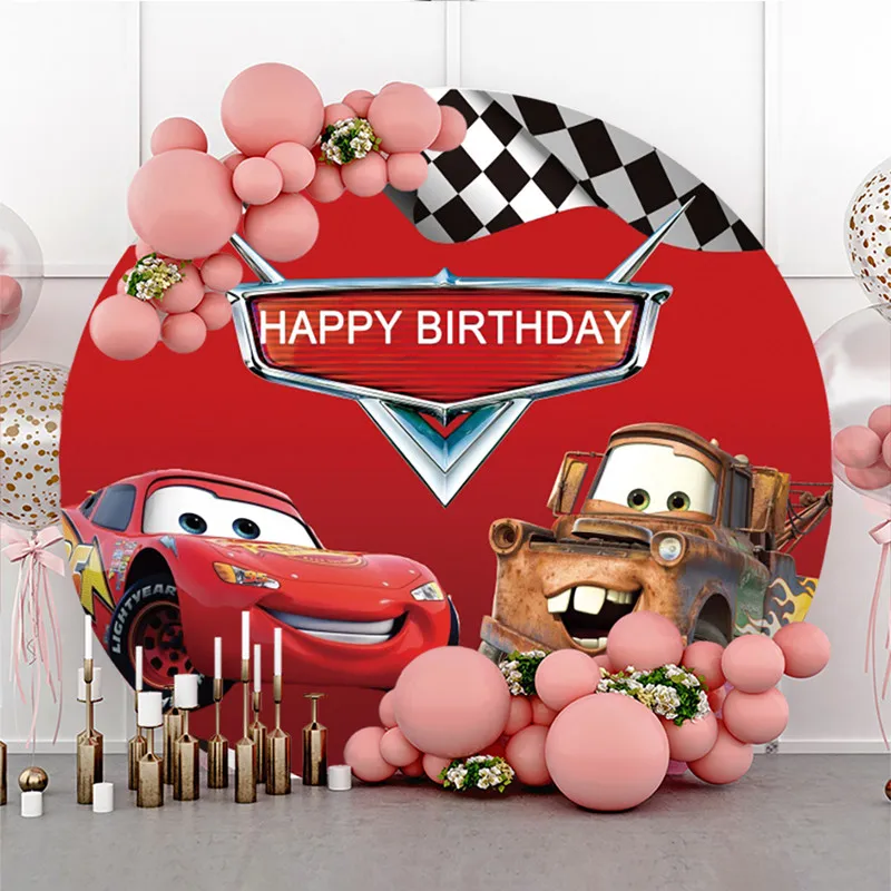 

Фон для фотосъемки детей с изображением диснеевских автомобилей круглой формы на заказ