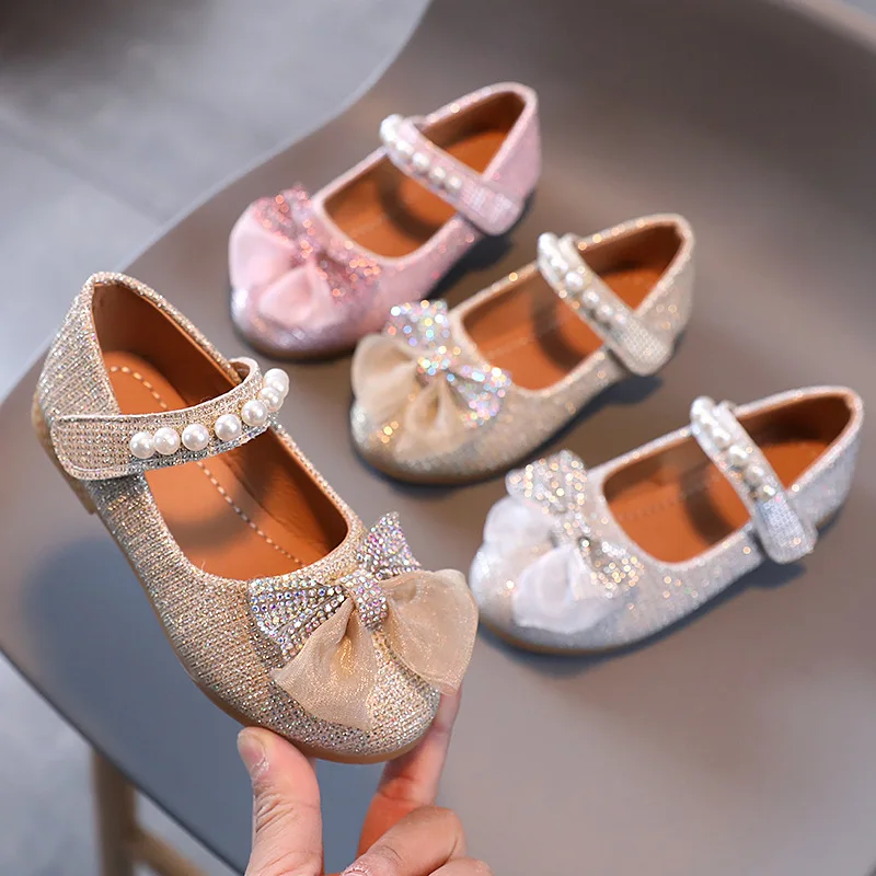 

2022 Spring Girls Fashion Rhinestones Bow Cloth Dance Party Girls Shoes Children Pearl Princess Shoes 1-12 Years Kids Shoes Pink