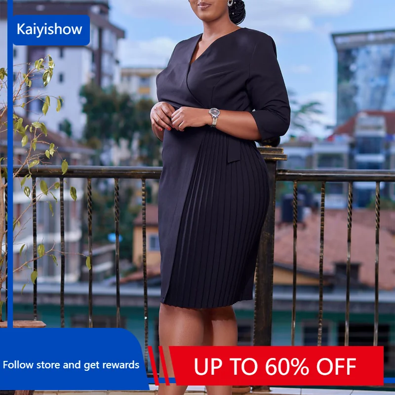 

African Dresses for Women Summer Elegant African 3/4 Sleeve Polyester V-neck Black Red Knee-length Pleated Dress African Clothes