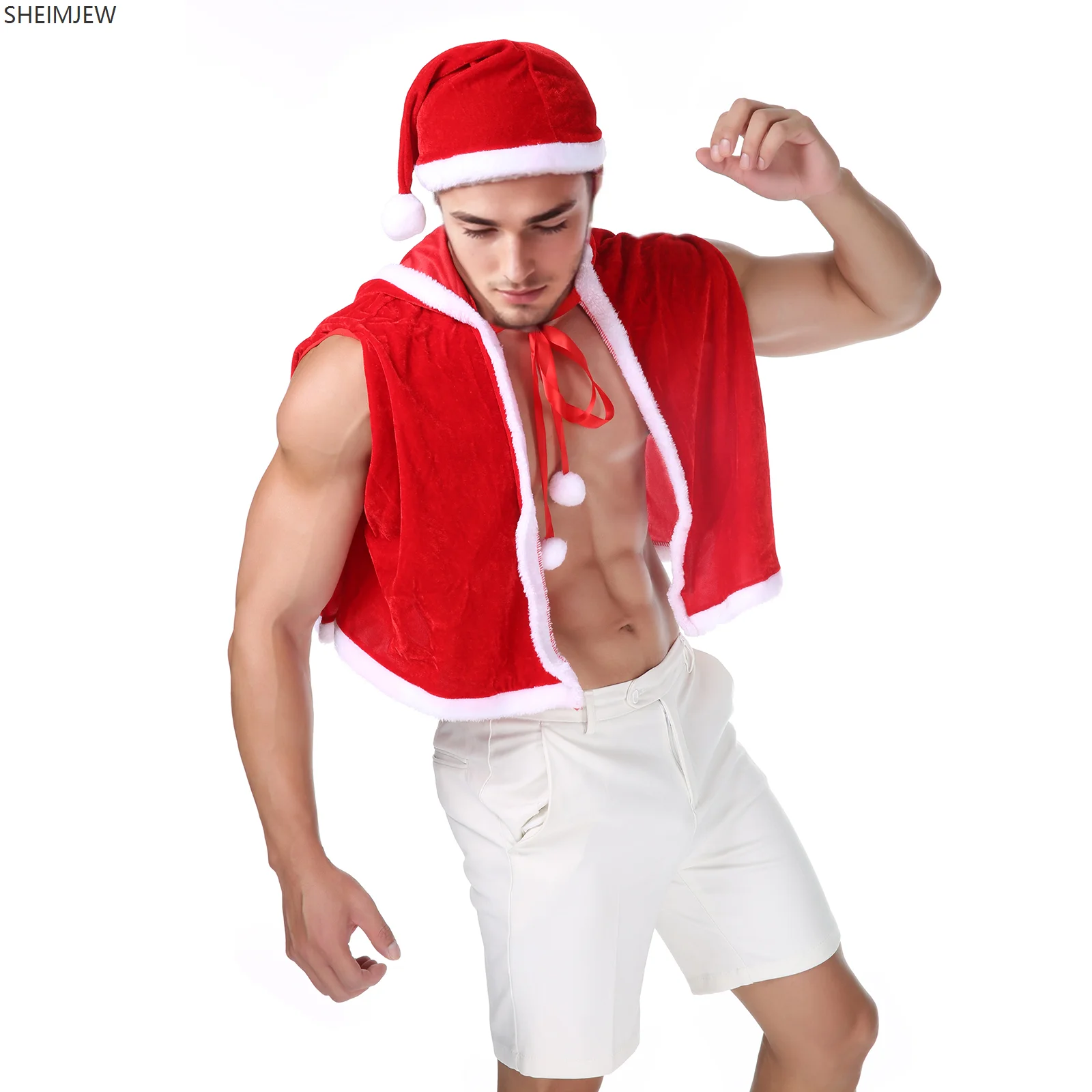 Men's Sexy Cropped Top Christmas Santa Claus Shawl Velvet Hooded Cape Role Play Muscle Show Costume New Year