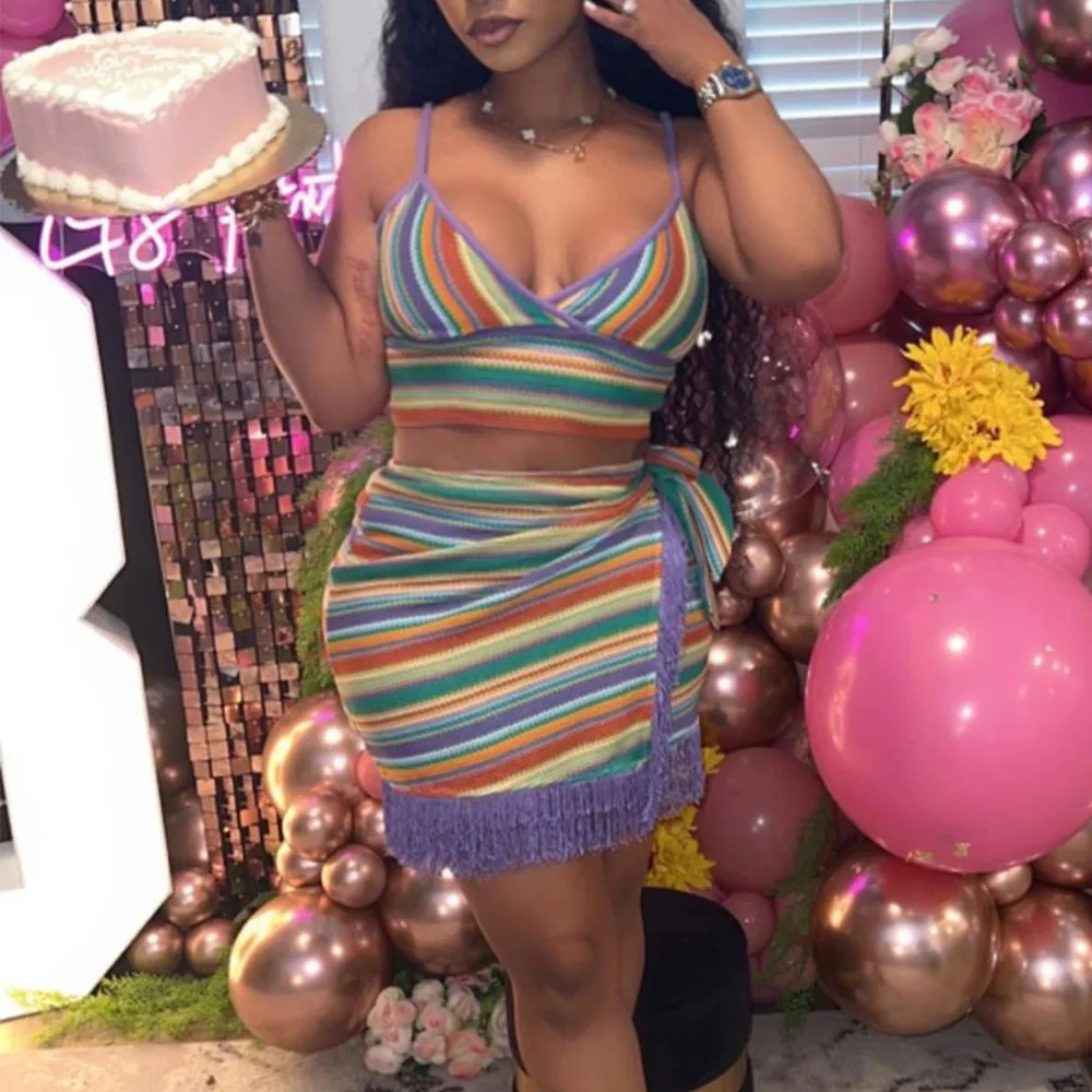 

Комплект из 2 предметов с юбкой в полоску, укороченный топ, элегантная Роскошная уличная одежда, мини-платье с бахромой, Привлекательный комплект из двух предметов, лето 2023