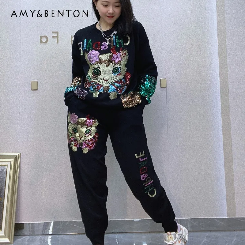 Женская одежда популярный вязаный костюм Новинка Осень 2024 брюки с длинным