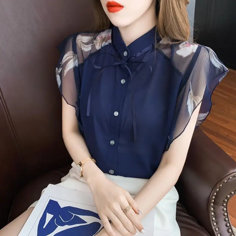 

European station chiffon shirt short -sleeved fashion temperament top women's summer 2022 new foreign shirt summer female tops