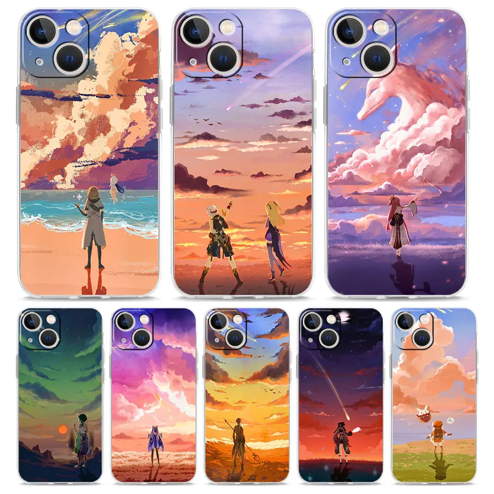 

Luxury Case For iPhone 14 13 12 11 Pro Max X Xs XR Max 7 8 Plus Bumper Phone Cases Clear TPU Cover Game Genshin Impact landscape