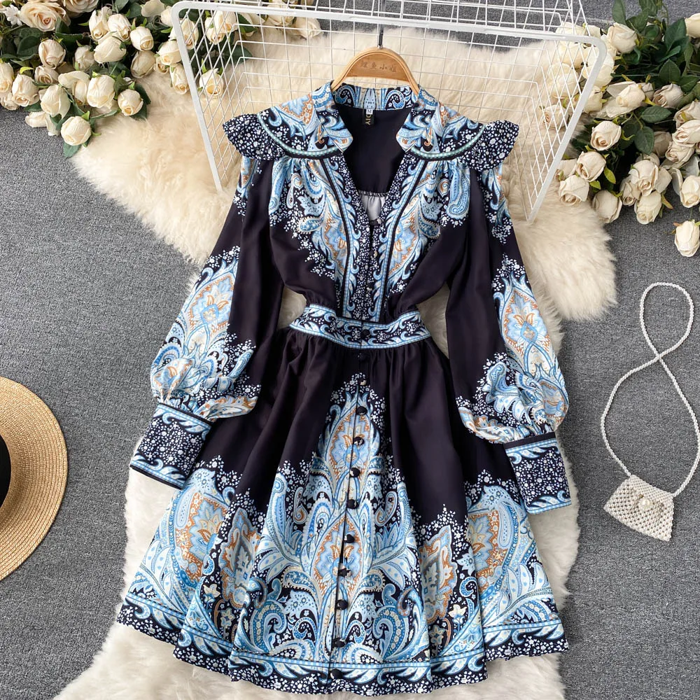 Palace Retro Print Women's Chic Design Temperament Dresses For Women 2022 Autumn New V-Neck Single-Breasted A-Line Dress Woman