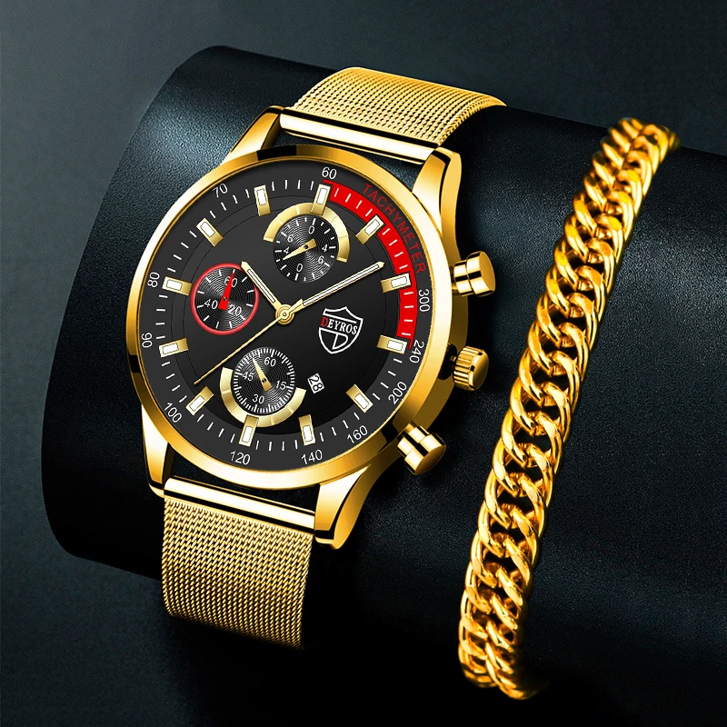 

2022 Mannen Horloges Luxe Goud Roestvrijstalen Gaas Riem Quartz Horloge Mannen Business Armband Leer Klok Relogio Masculino