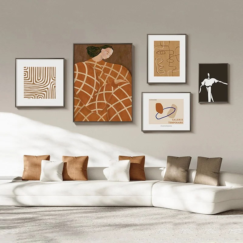 

Скандинавский абстрактный геометрический линейный персонаж оранжевый Ins стиль богемное настенное Искусство Холст Живопись постеры для го...