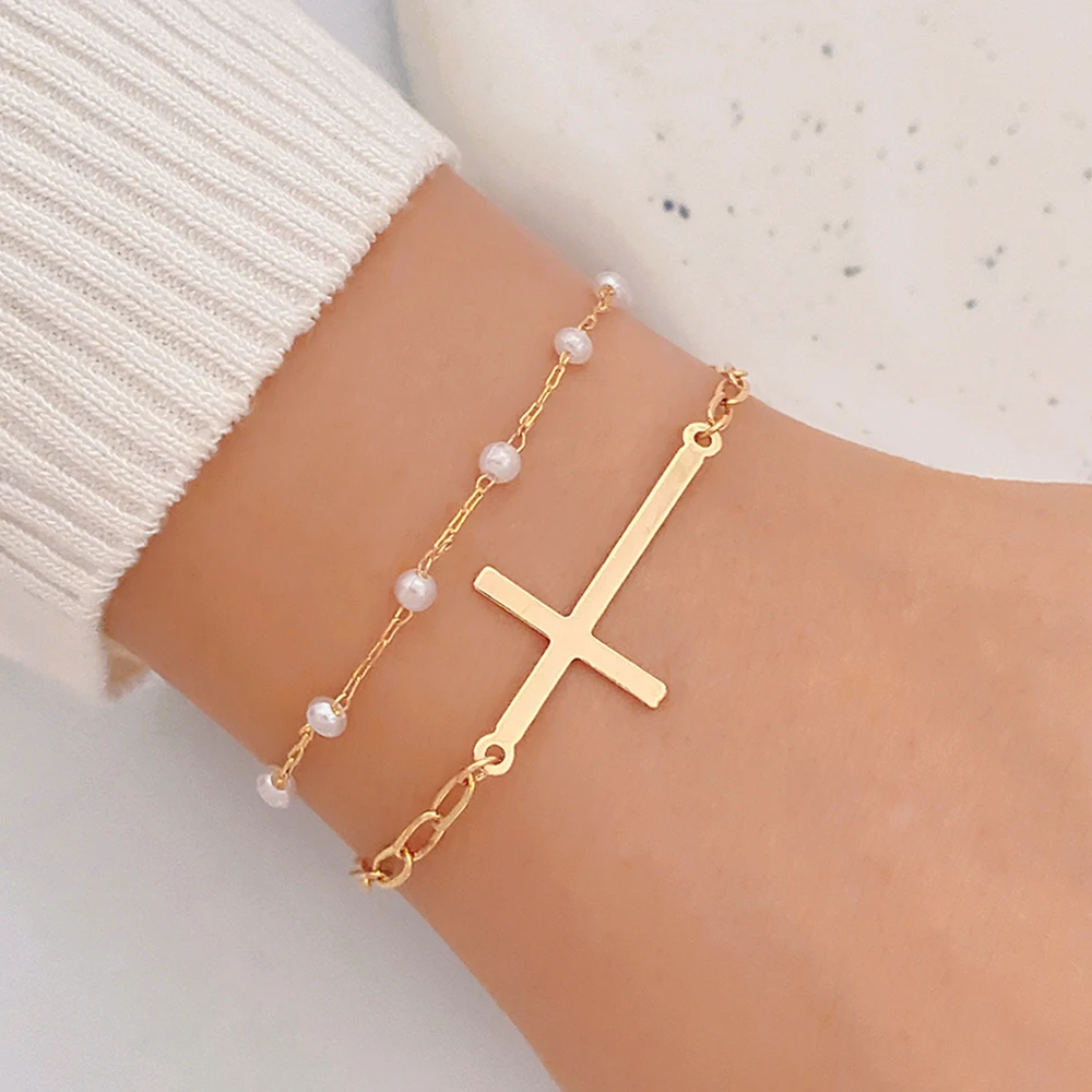 

IFMIA богемные женские браслеты золотого цвета с жемчужной цепочкой для женщин и девушек, очаровательные модные браслеты-манжеты с крестом дл...