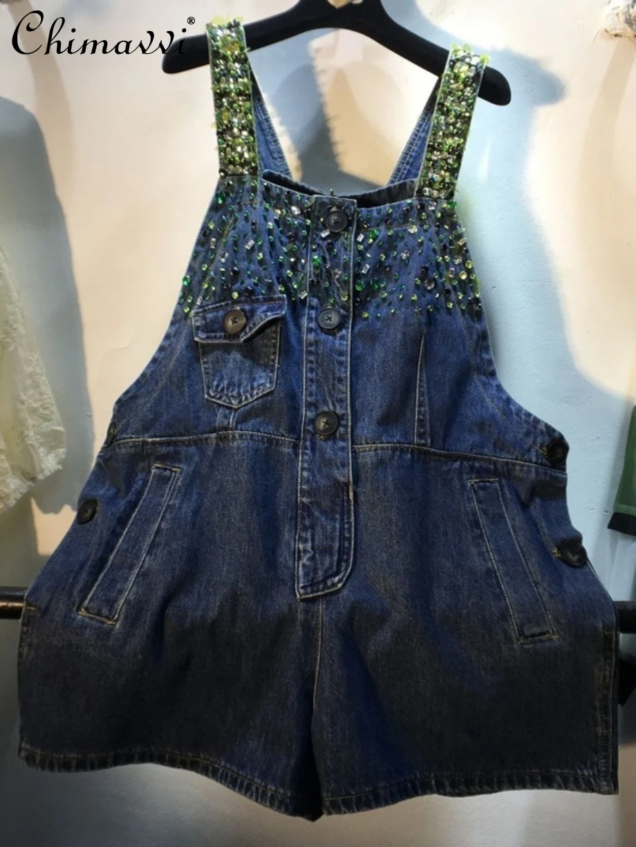

European Style 2022 Summer New Heavy Beads Sequined Diamonds Strap Overall Jeans Streetwear Fashion Wide-Leg Shorts for Women