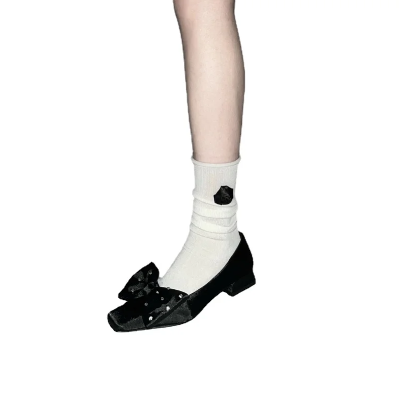 Multi-Color Heart Rose Curling Bunching Socks Soft Glutinous Black and White Gray Women's Socks Mid-Calf Slimming