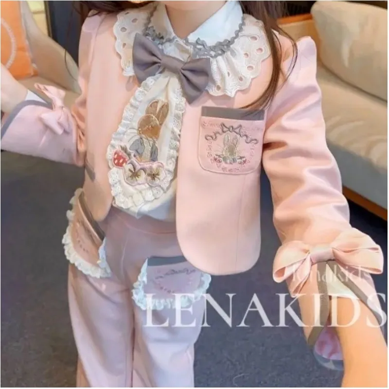 Girls' Coat Heavy Work Exquisite Embroidery JK Set Temperament Children's Shirt Pants Fashion Three Piece Set Holiday Gift