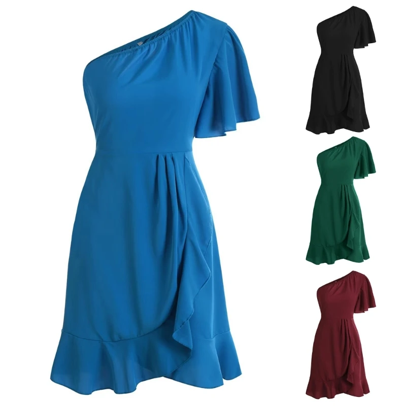 

F42F 2023 Women One Shoulder Casual Summer Dresses High Waist Ruffle Hem A Line Flowy Mini Dress Elegant Party Short Dress