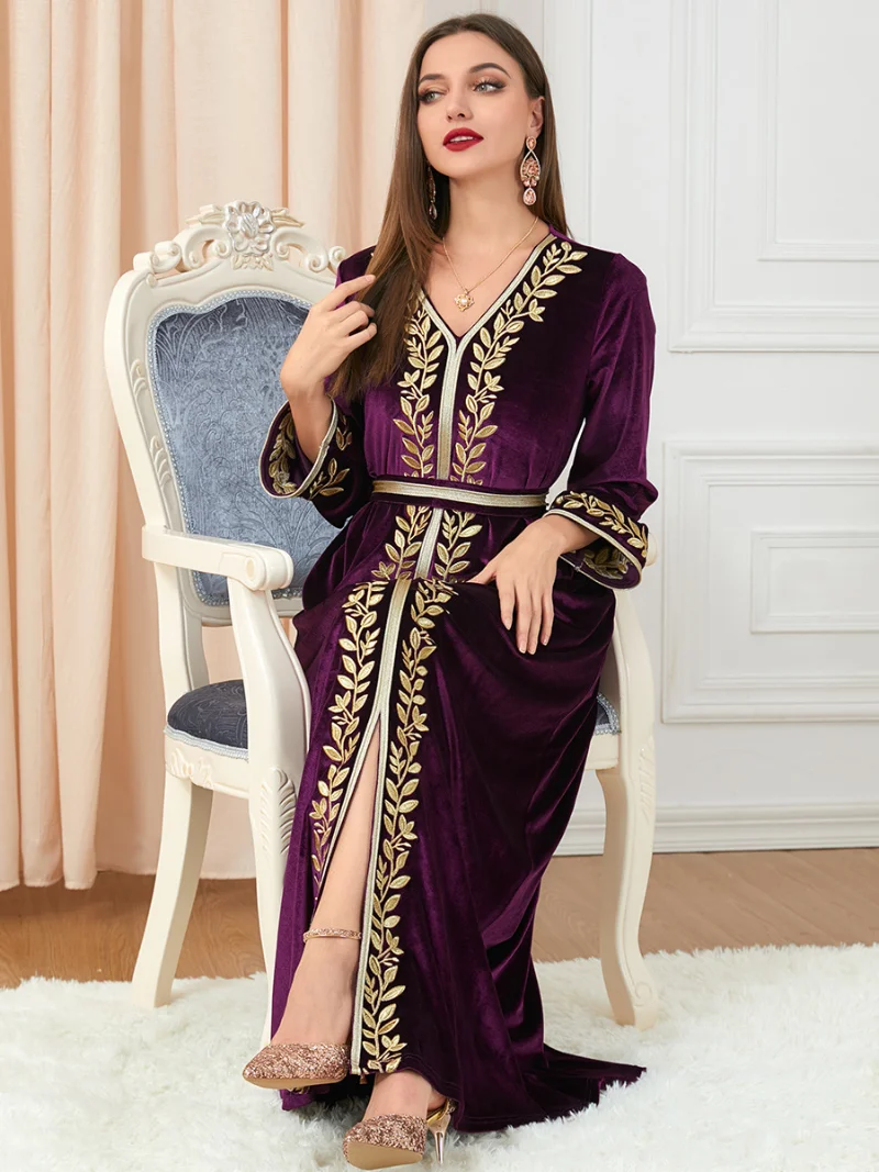 Dresses For Women 2022 Wedding Party Muslim Velvet Belted Kaftan Plant Embroidered Long Sleeve Dress Ramadan Jellabiya