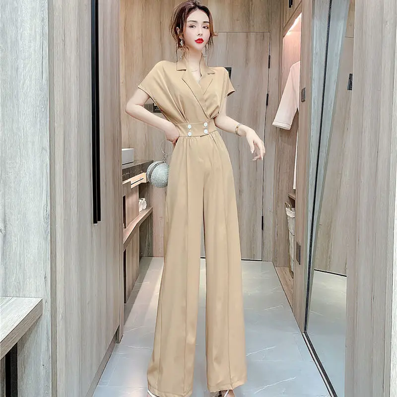 

Women 2022 Summer New Fashion Short Sleeve Slim Fit Jumpsuit Female Solid Color Pants Rompers Office Lady Elegant Playsuits K26