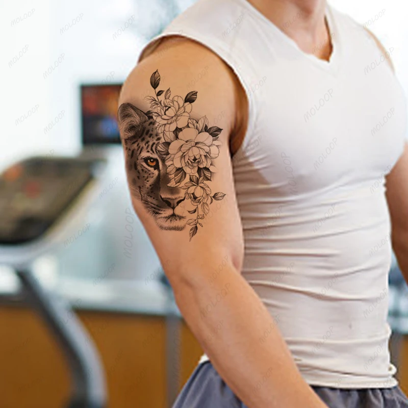 

Тату-наклейка с головой леопарда, роза, цветок, животное, макияж, имитация тату, флэш-тату, назад, руки, фестиваль, водостойкое временное искусство для женщин и мужчин