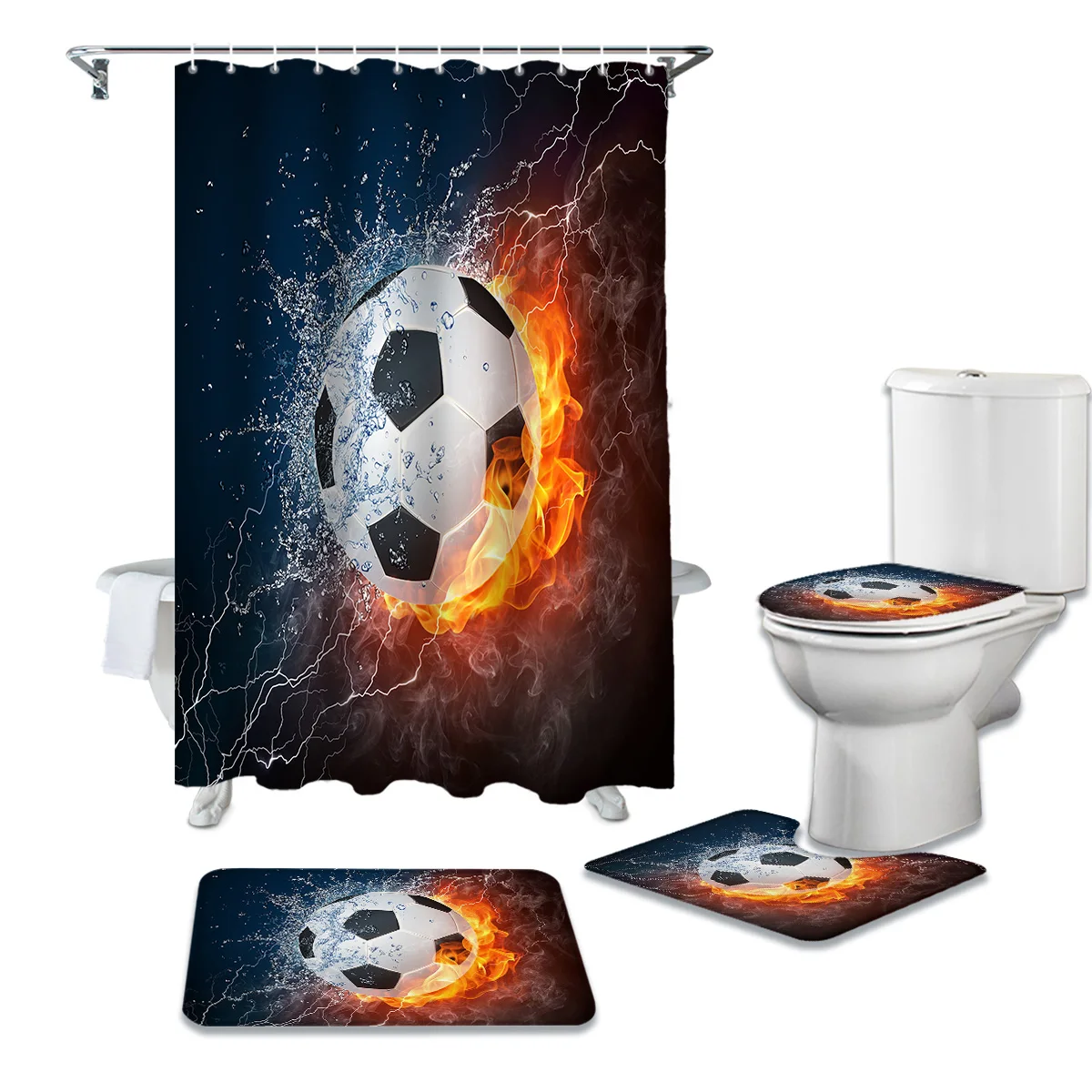 

Soccer Football Game Shower Curtain Set Carpet Cover Toilet Cover Bathroom Mat Bathroom Household