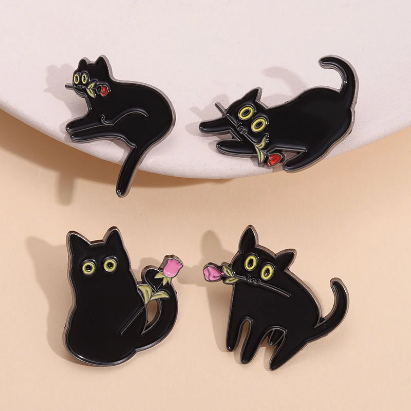 

Custom Retro Animal Enamel Pin Decoration Cat With Flowers In Its Mouth Brooch Metal Badge Anti Slip Buckle Jewelry Accessories