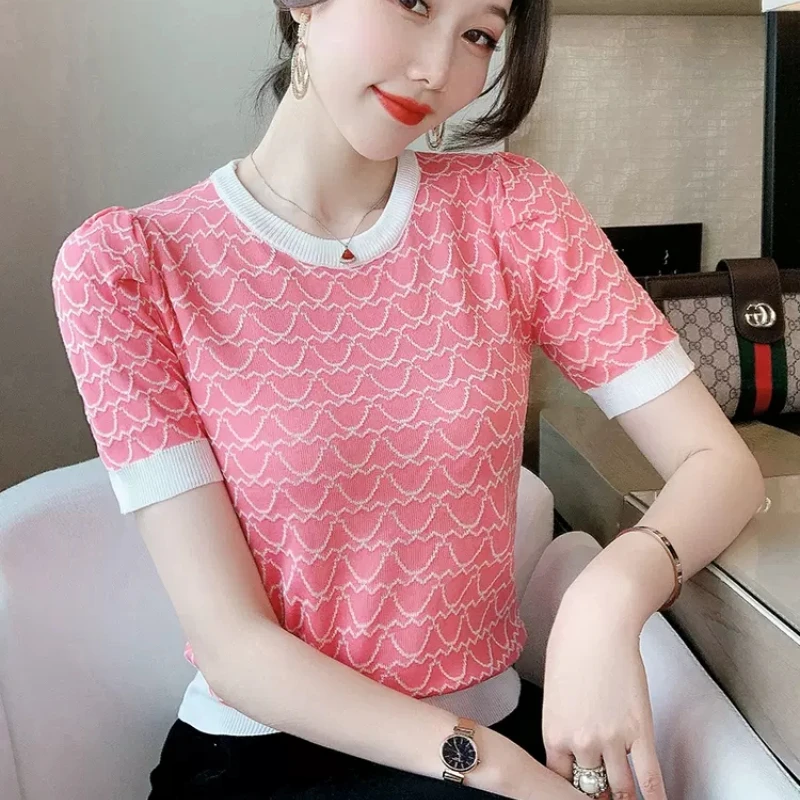 

2023 летние модные шелковые элегантные полосатые трикотажные женские топы с пышными рукавами футболки с круглым вырезом тонкие офисные женские Y2k одежда