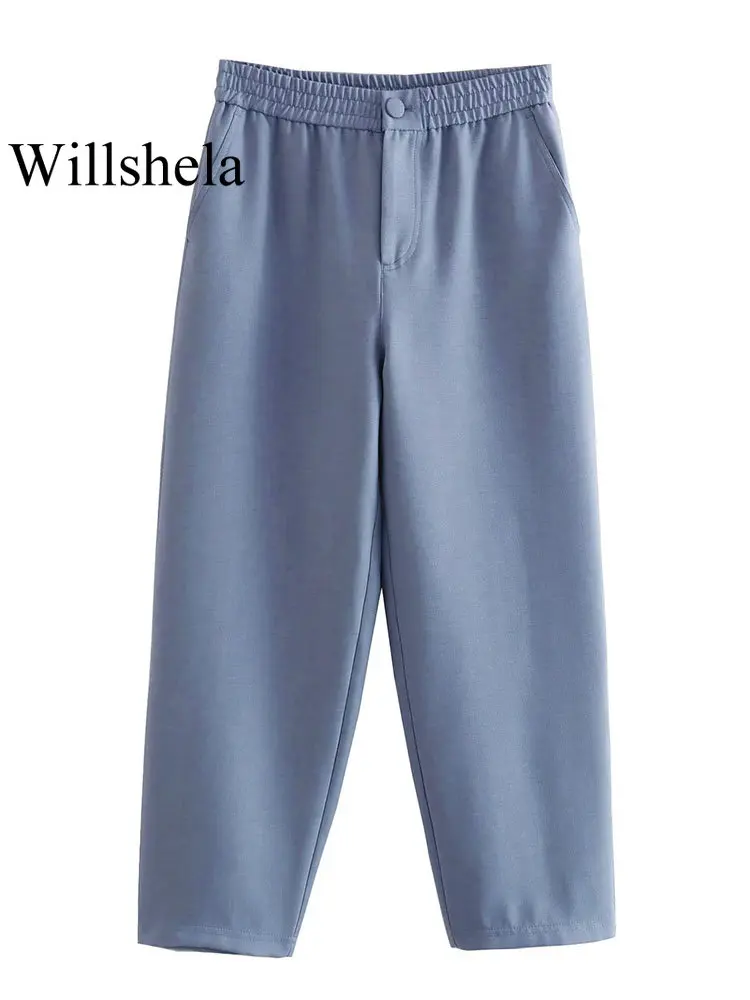 

Willshela женские модные синие плиссированные брюки на молнии спереди с карманами винтажные длинные женские брюки с высокой талией