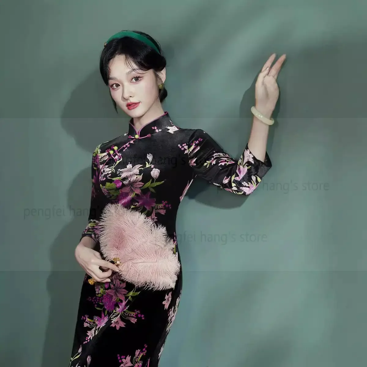 Женское элегантное зимнее теплое велюровое платье Ципао традиционное с