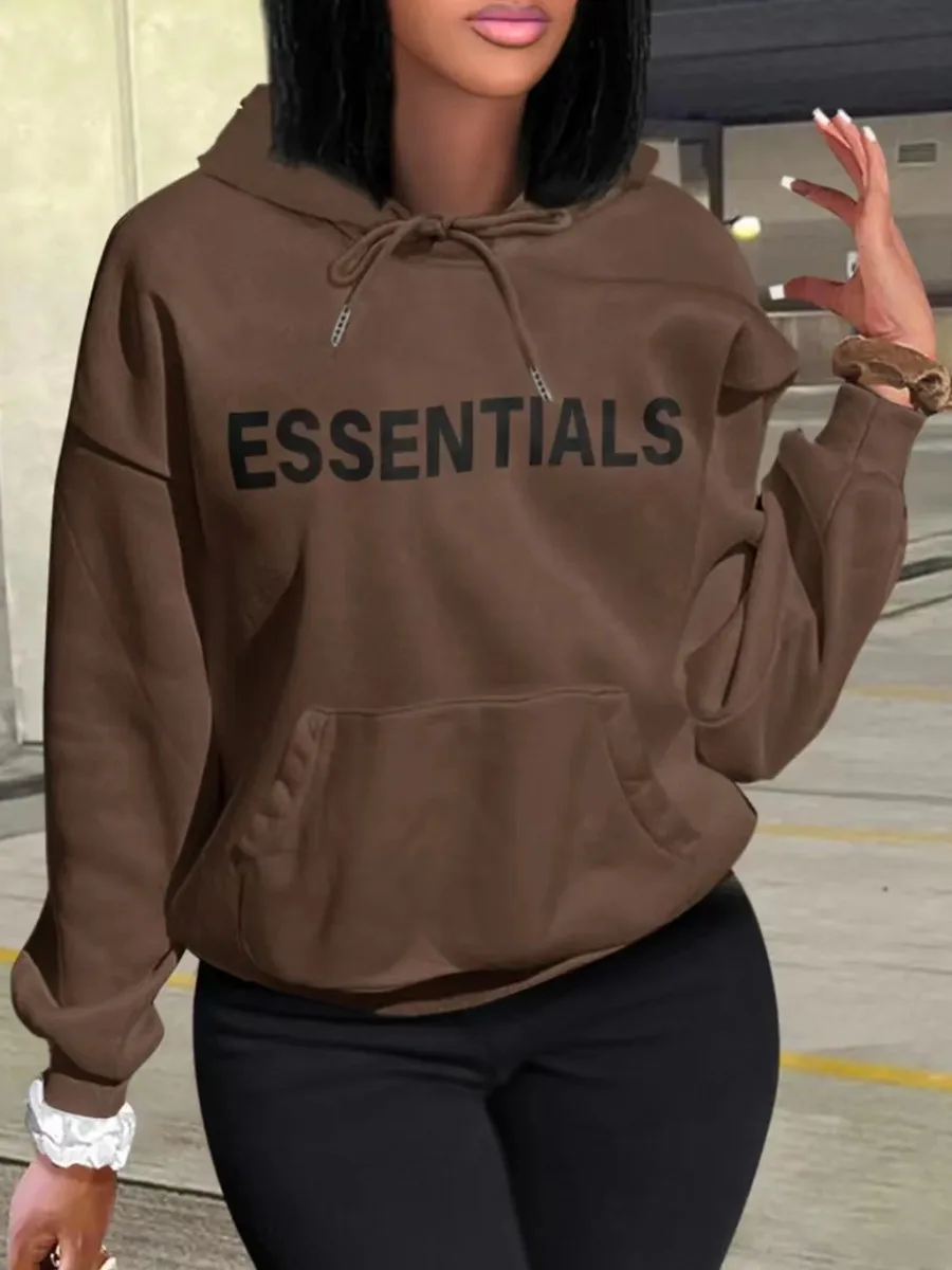 

LW Essentials Letter Print Kangaroo Pocket Hoodie Long Sleeve Letter Print Hooded Collar 2022 Autumn NEW women clothing sweater