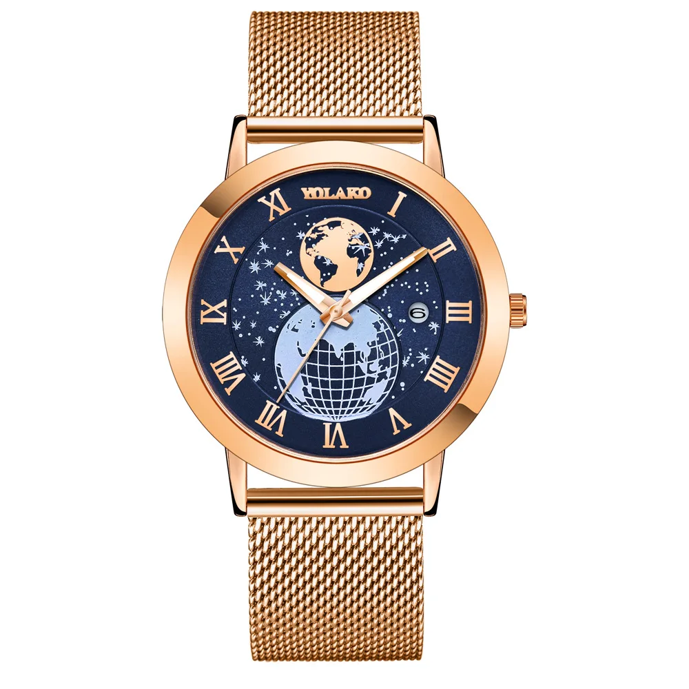 2023 Hot selling men's map Roman design calendar quartz watch fashion stainless steel mesh belt men's watch